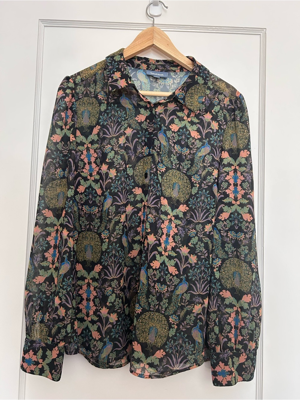 ModCloth Peacock Print Long Sleeve Blouse Size Large Like New